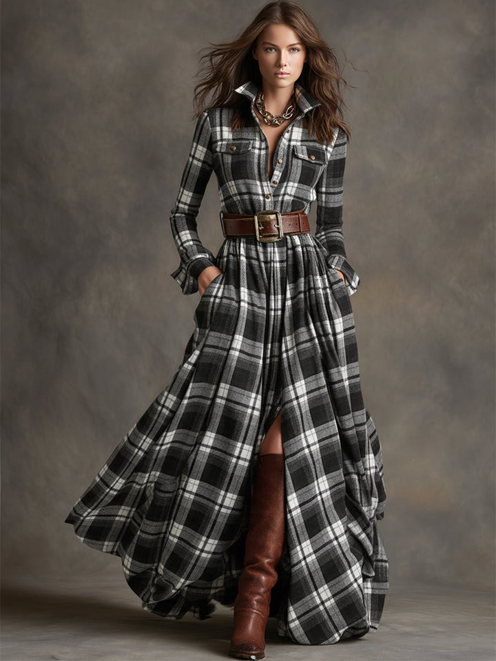 Women's shirt dress, maxi long sleeve tartan, view 6