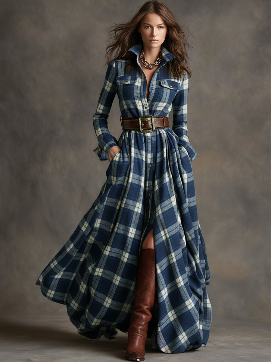 Women's shirt dress, maxi long sleeve tartan, view 7