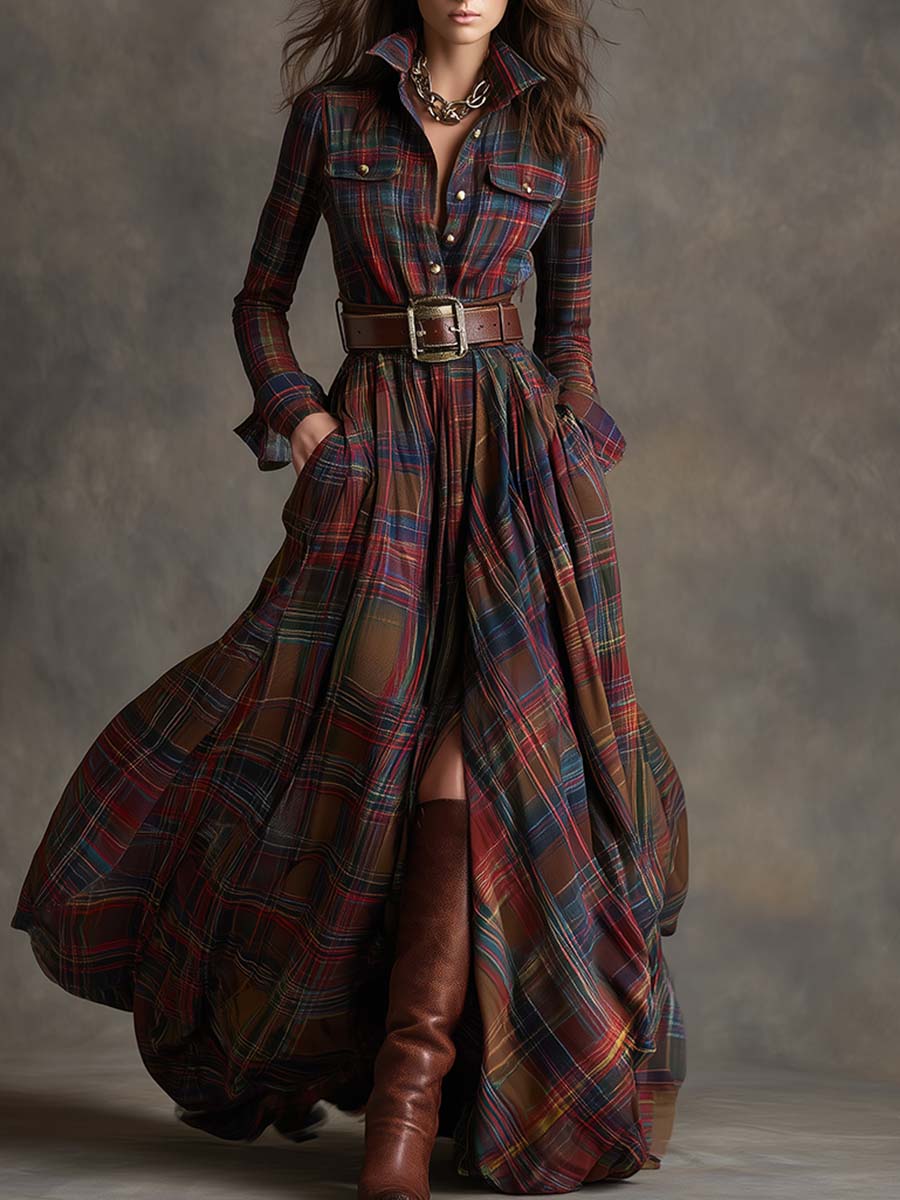 Women's shirt dress in red, maxi long sleeve tartan
