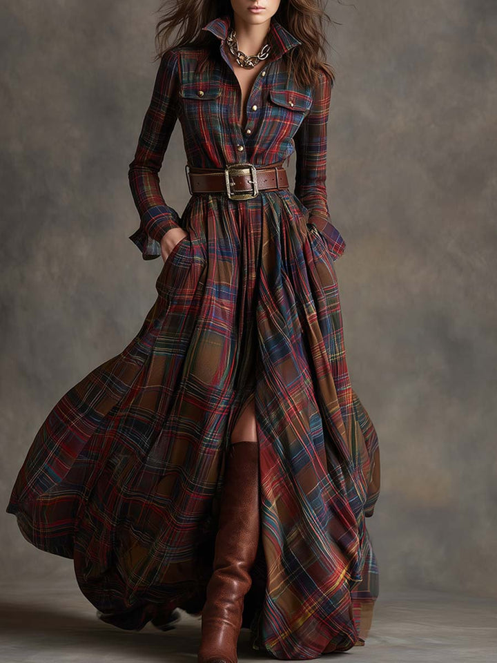 Women's shirt dress in red, maxi long sleeve tartan