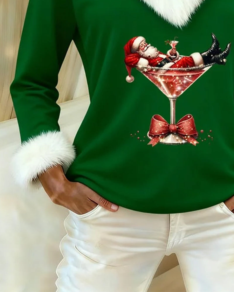 Green top sleeve with fluffy cuff and Santa print