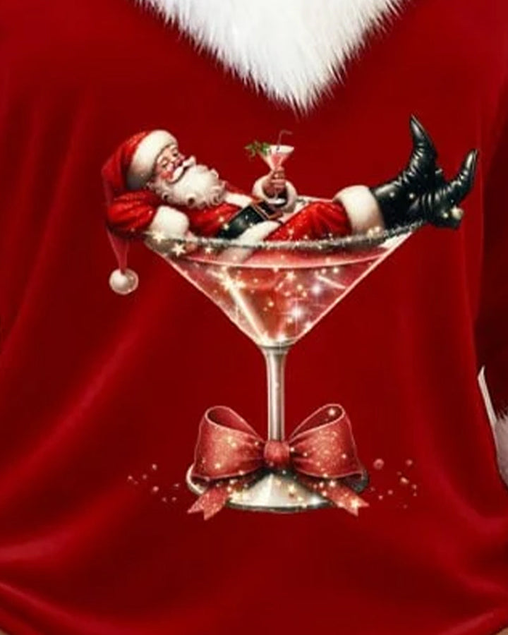 Santa in a cocktail glass print on the red top
