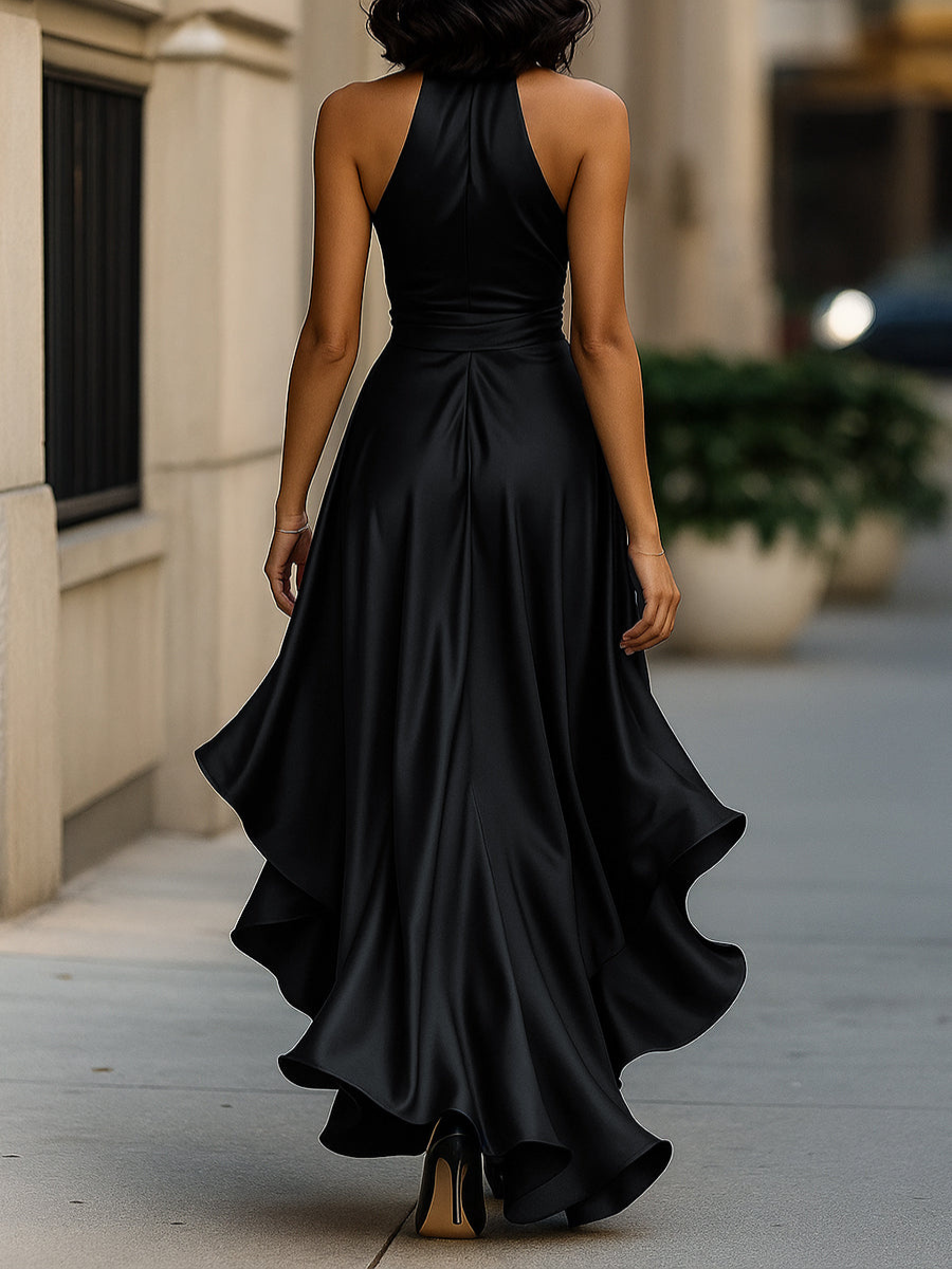 Back view of the black halter wrap maxi