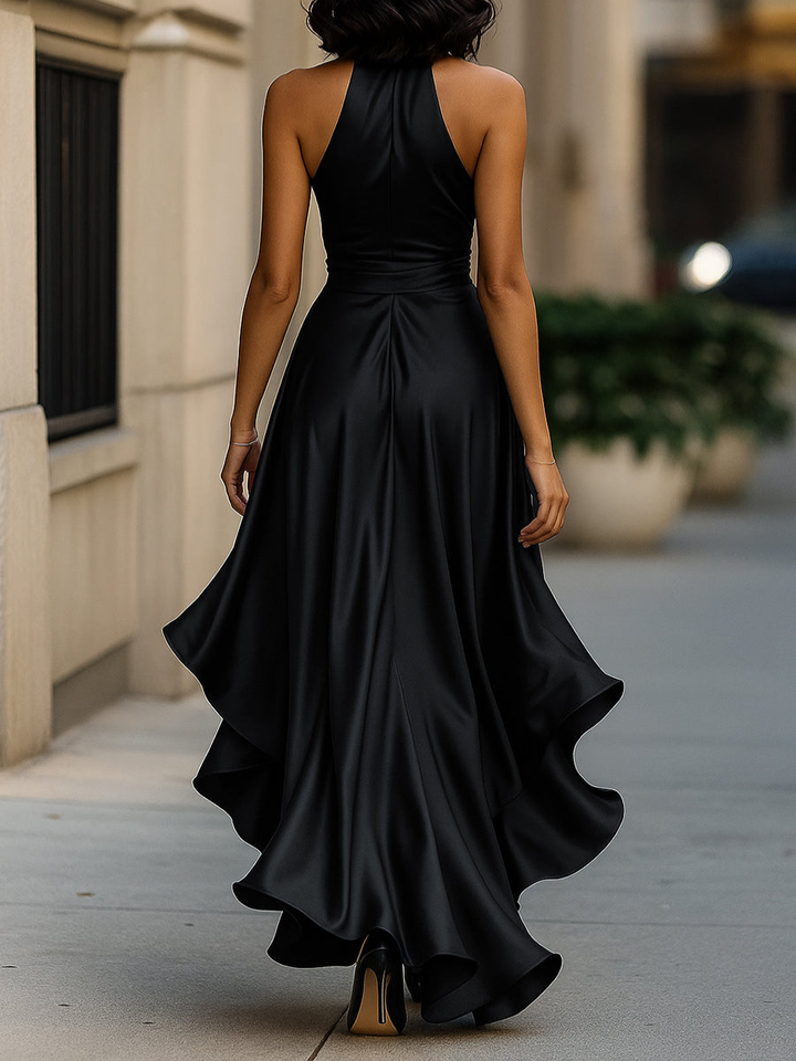 Back view of the black halter wrap maxi