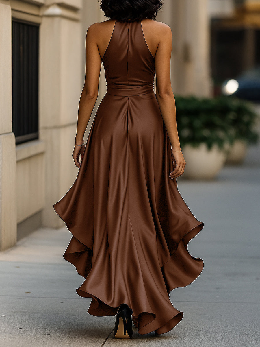 Back view of the brown satin-look maxi