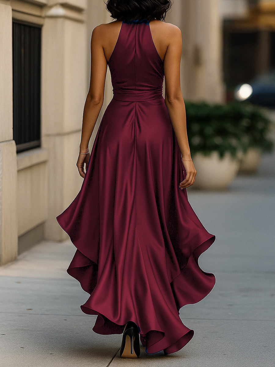 Back view of the burgundy satin-look maxi