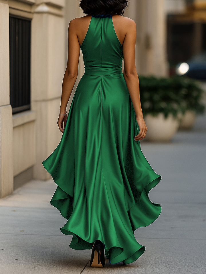 Back view of the emerald green halter maxi dress