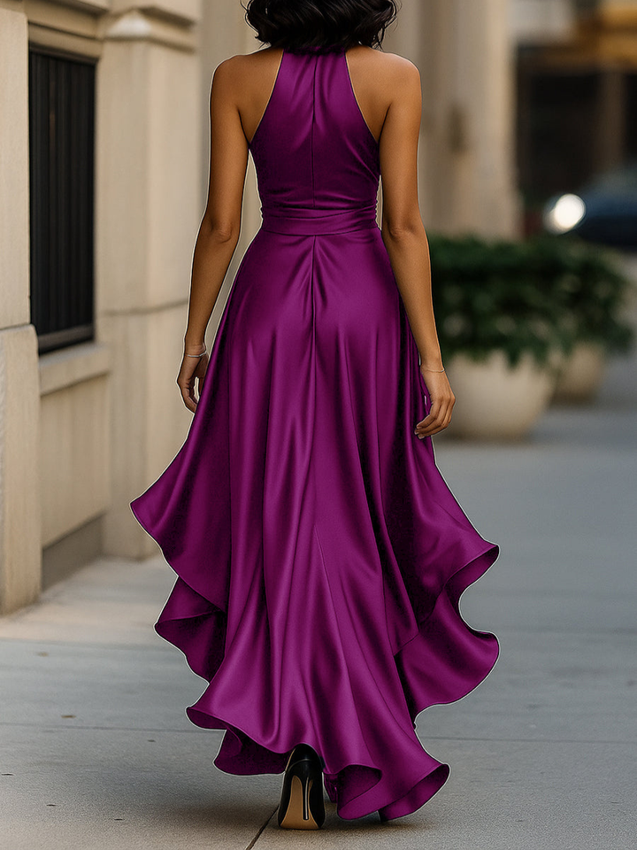 Back view of the fuchsia halter wrap maxi