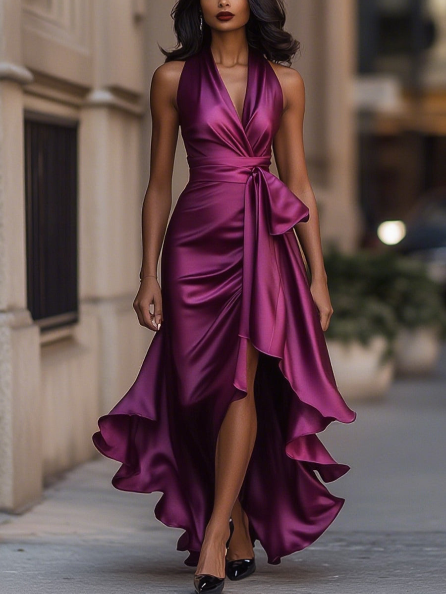Fuchsia halter maxi dress with tie sash and high-low hem