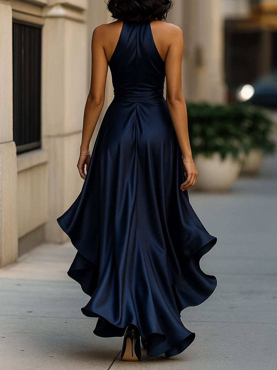 Back view of the navy halter maxi dress