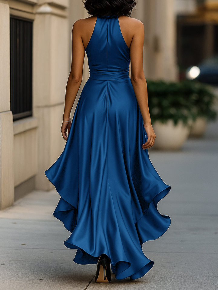 Back view of the royal blue halter dress