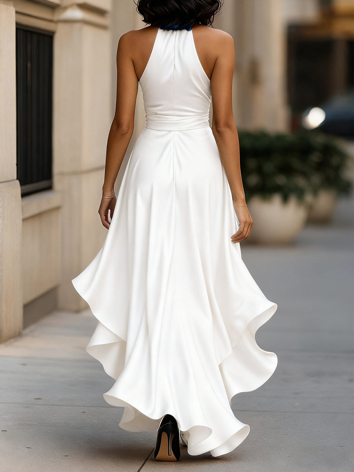 Back view of the white halter maxi dress