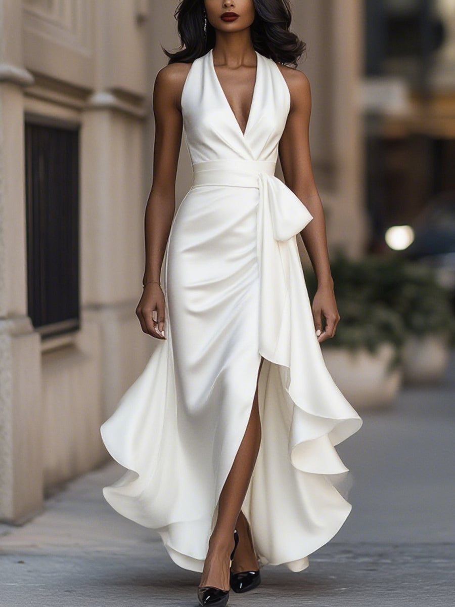 White halter wrap maxi with tie sash at the waist