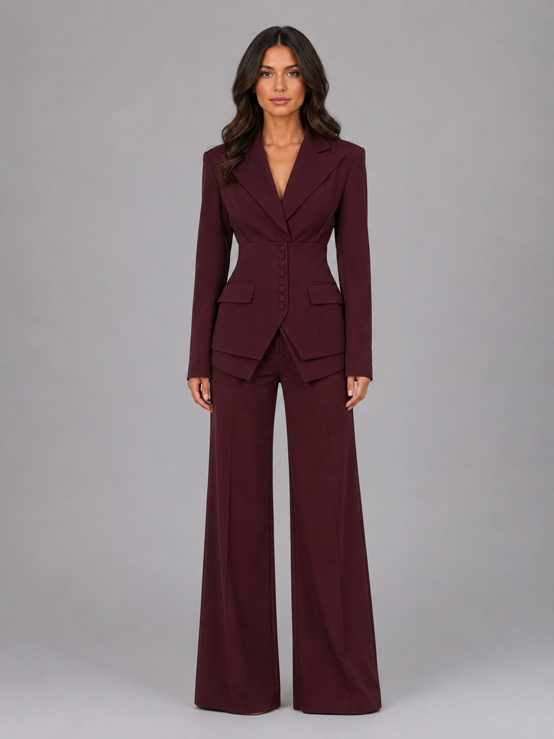 Women's trouser suit in burgundy, wide leg two piece
