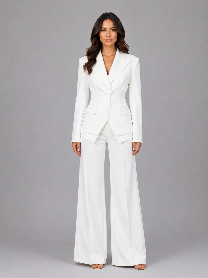 Women's trouser suit in white, wide leg two piece