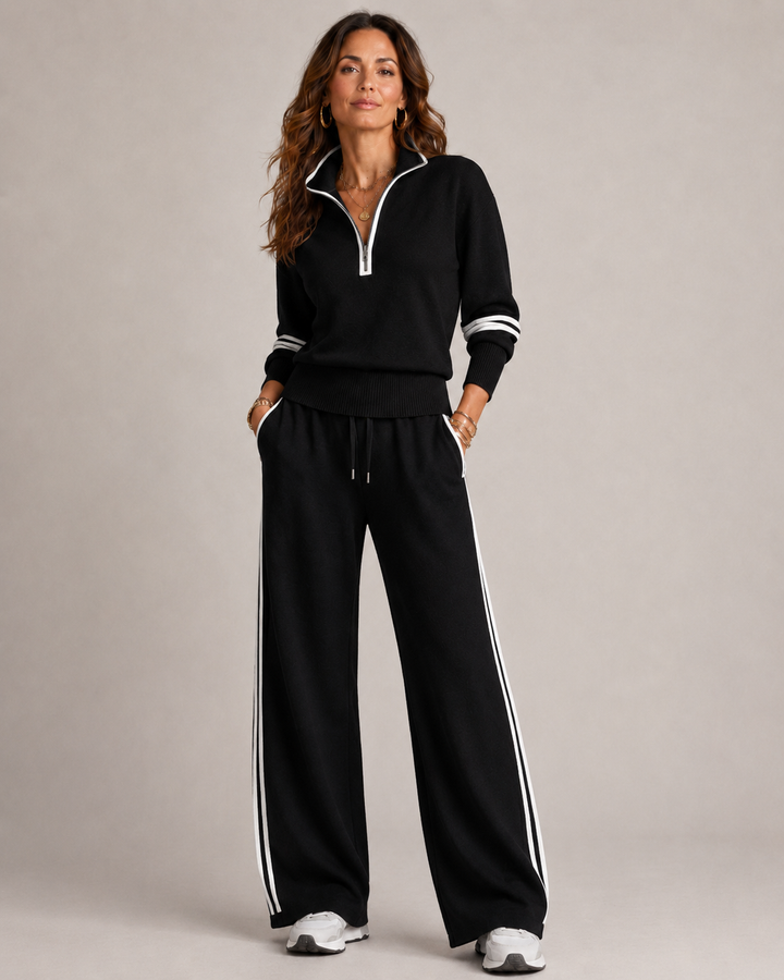 Women's co ord set in black, quarter zip knitted two piece