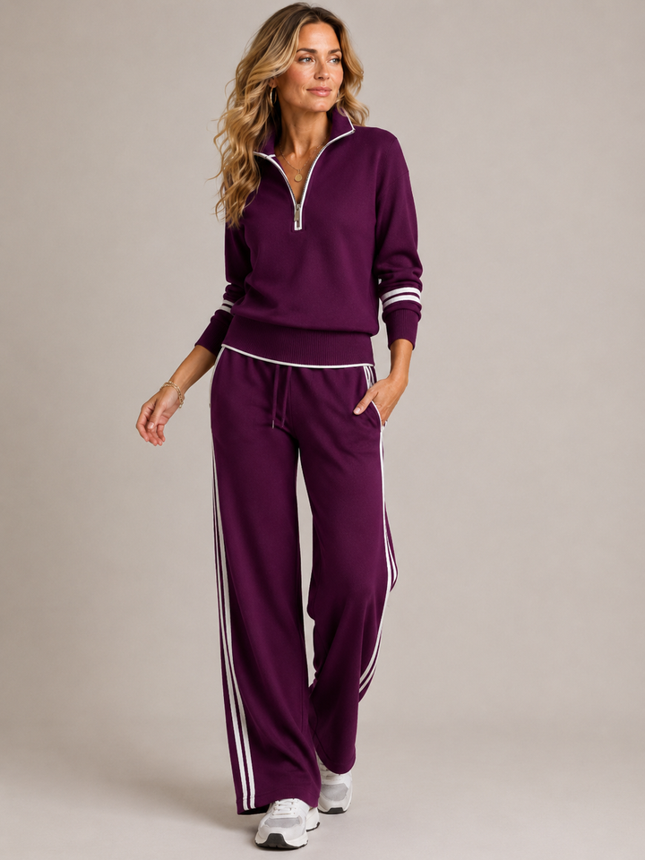Women's co ord set in purple, quarter zip knitted two piece