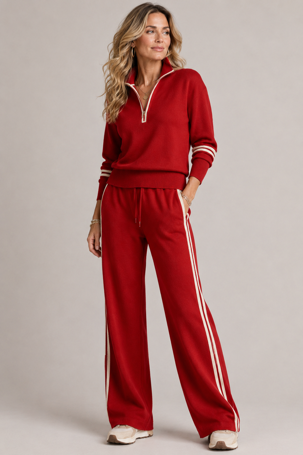 Women's co ord set in red, quarter zip knitted two piece