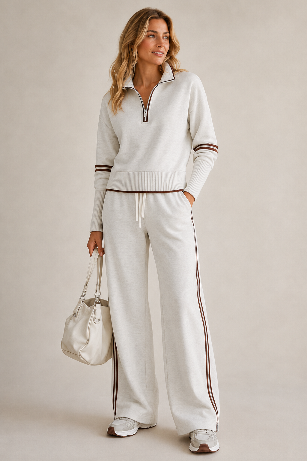 Women's co ord set in white, quarter zip knitted two piece