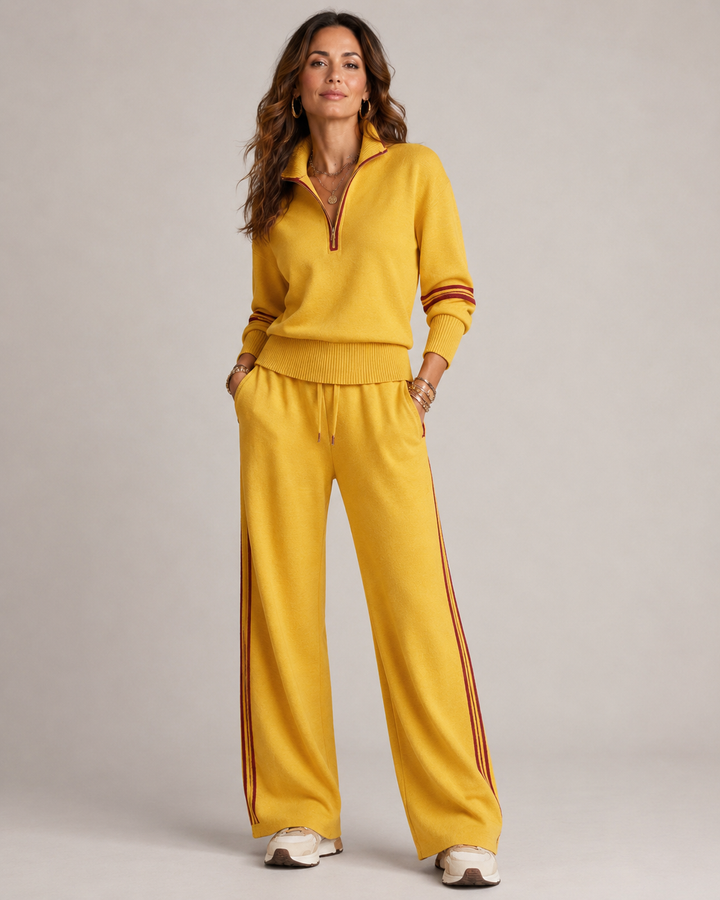 Women's co ord set in yellow, quarter zip knitted two piece