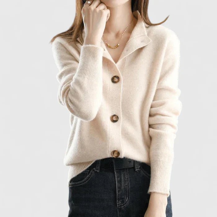 Women's collared cardigan in beige, button front relaxed knitted