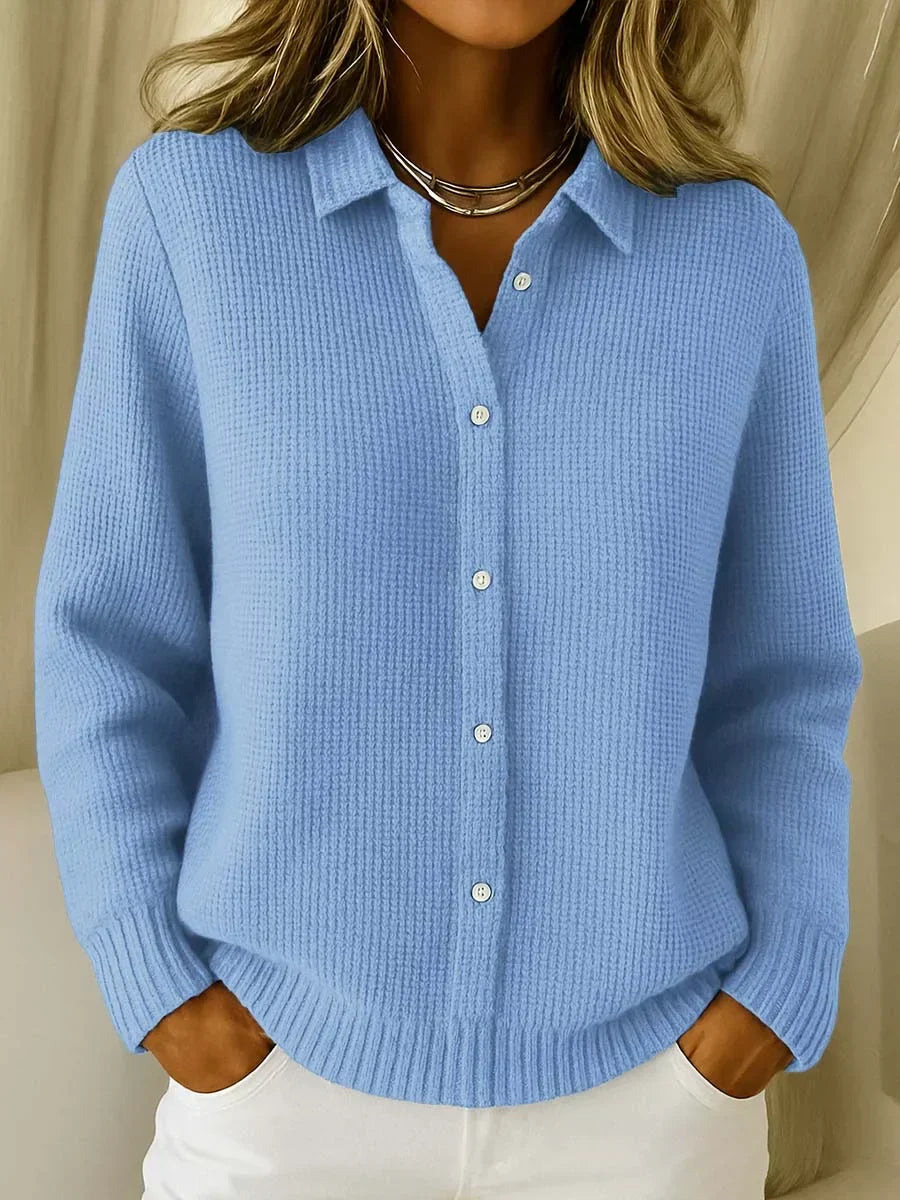 Women's collared cardigan in blue, button front ribbed knitted