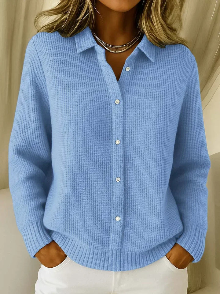 Women's collared cardigan in blue, button front ribbed knitted