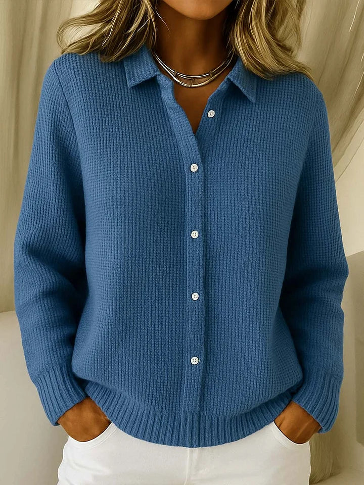 Women's collared cardigan in dark blue, button front ribbed knitted