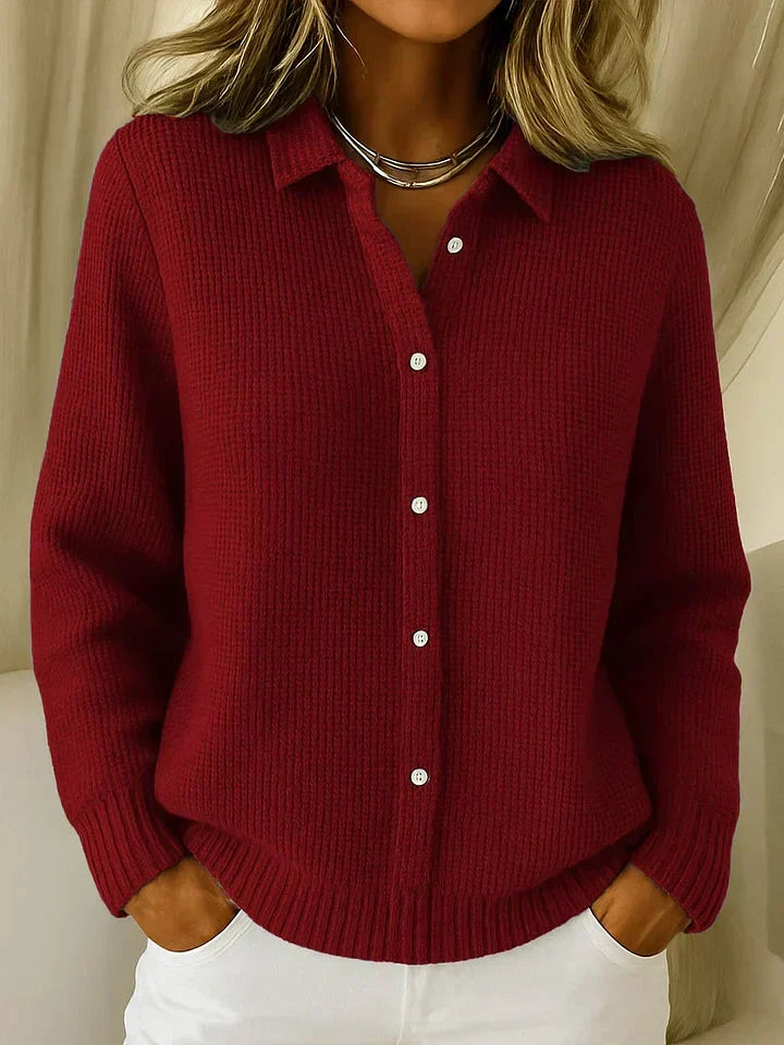 Women's collared cardigan in dark red, button front ribbed knitted