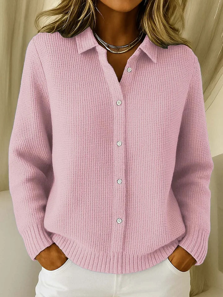 Women's collared cardigan in pink, button front ribbed knitted