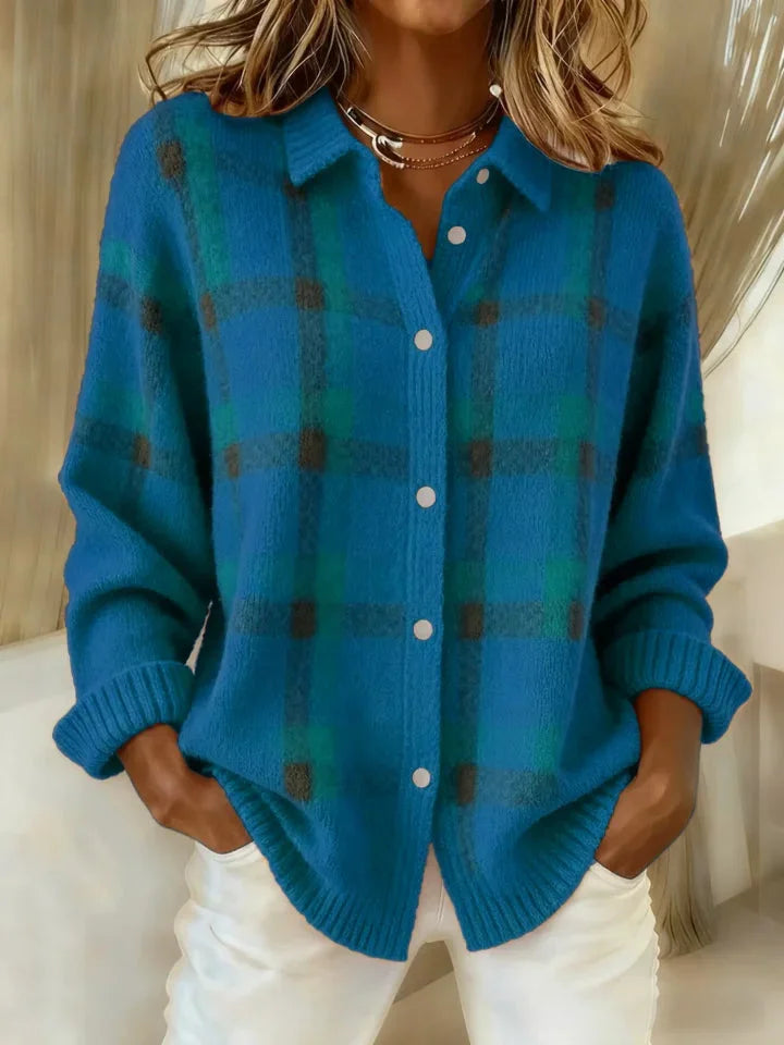 Women's check cardigan in blue, button front plaid knitted