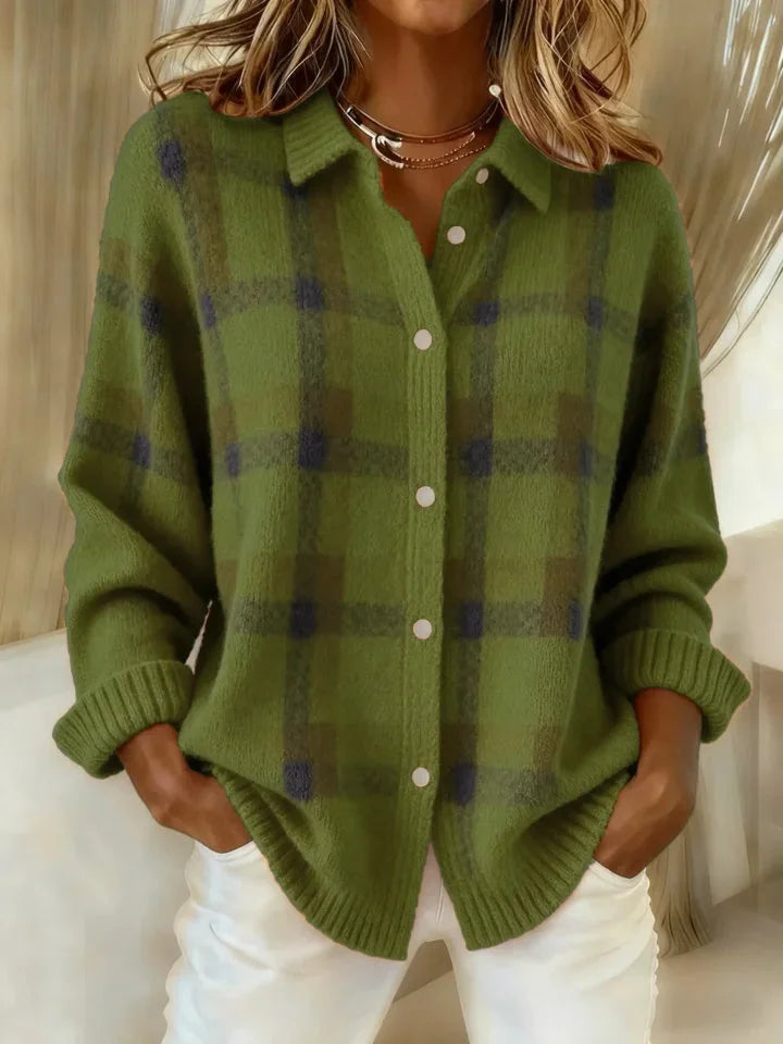 Women's check cardigan in green, button front plaid knitted