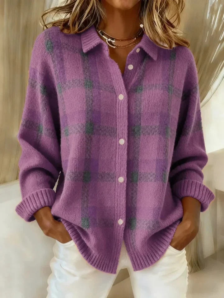 Women's check cardigan in purple, button front plaid knitted