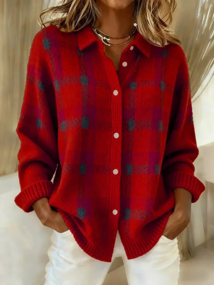 Women's check cardigan in red, button front plaid knitted