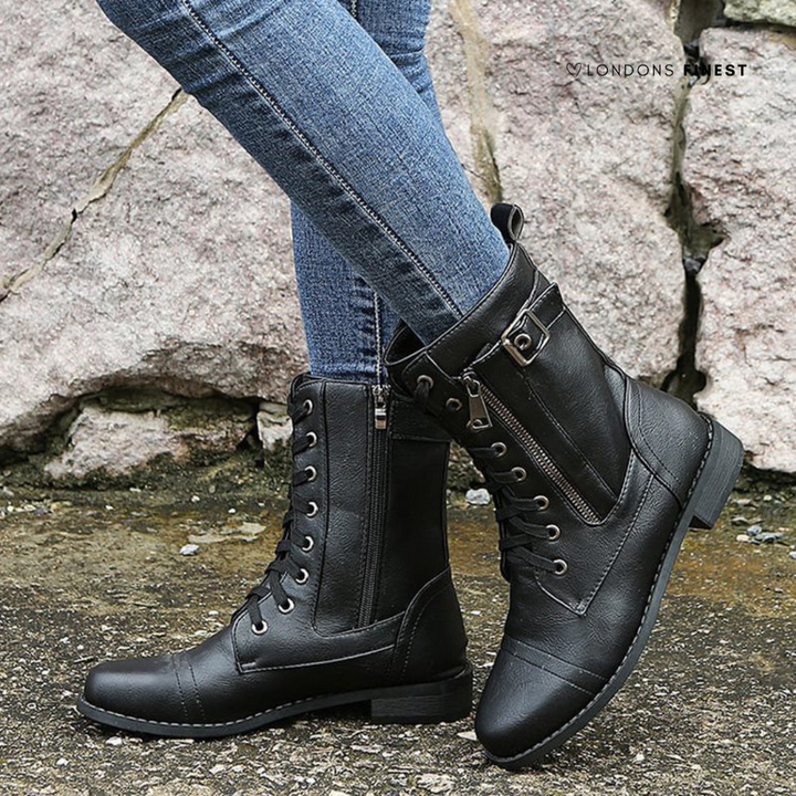 Women's combat boots in black, lace up side zip with buckle strap