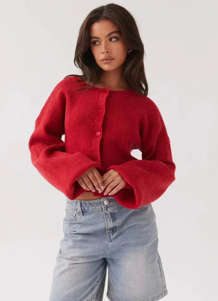 Women's cropped cardigan, button front crew neck knitted, view 2