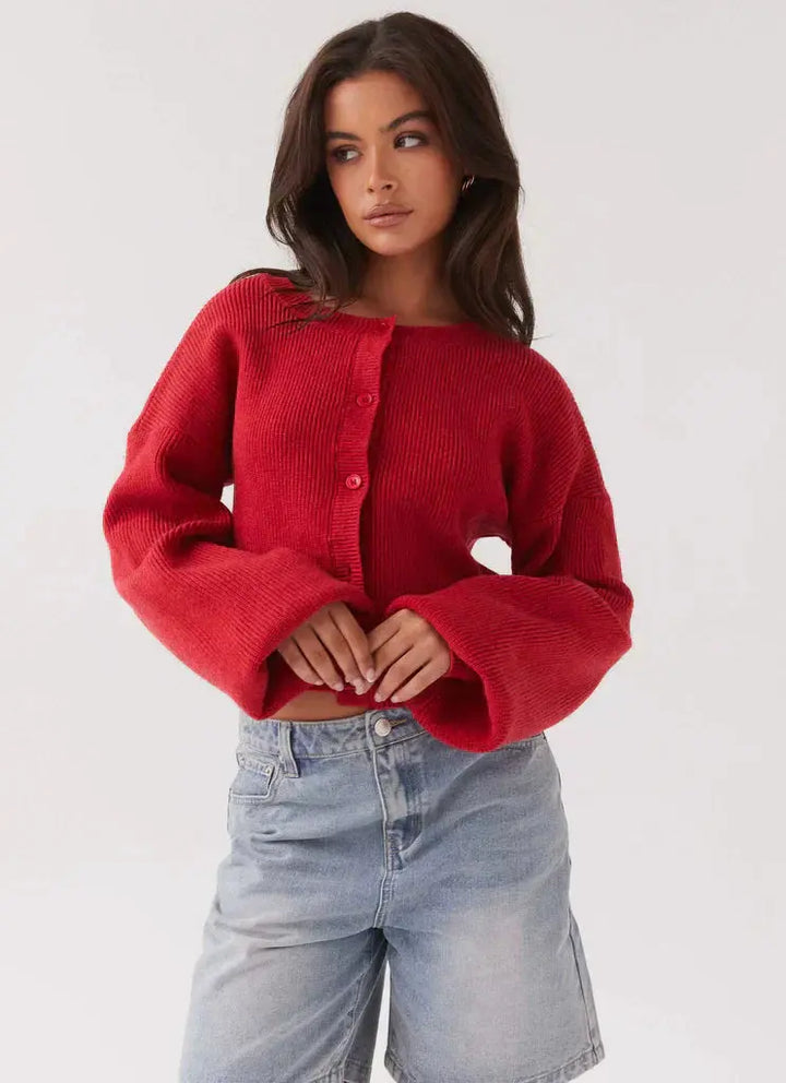 Women's cropped cardigan, button front crew neck knitted, view 2