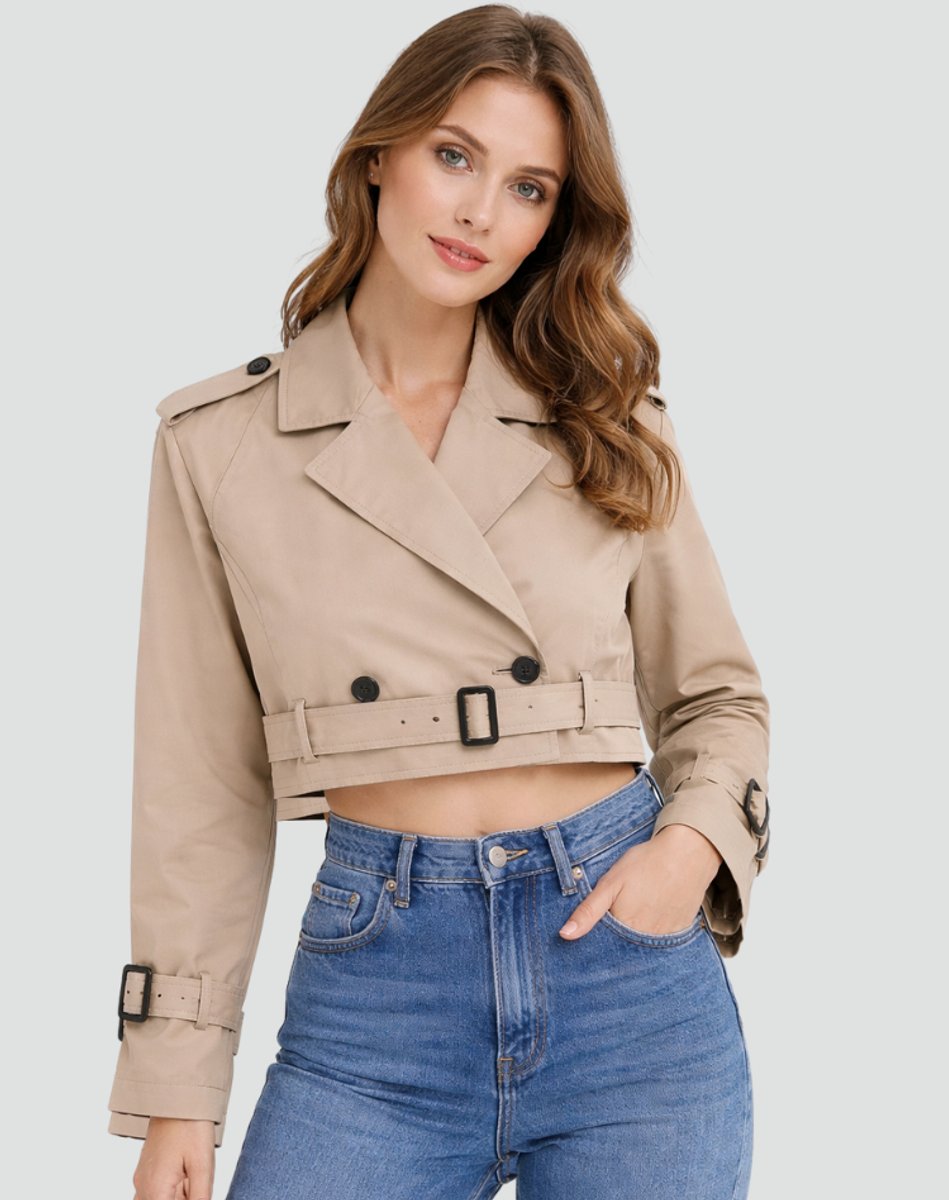 Women's cropped trench coat in beige, belted with epaulettes