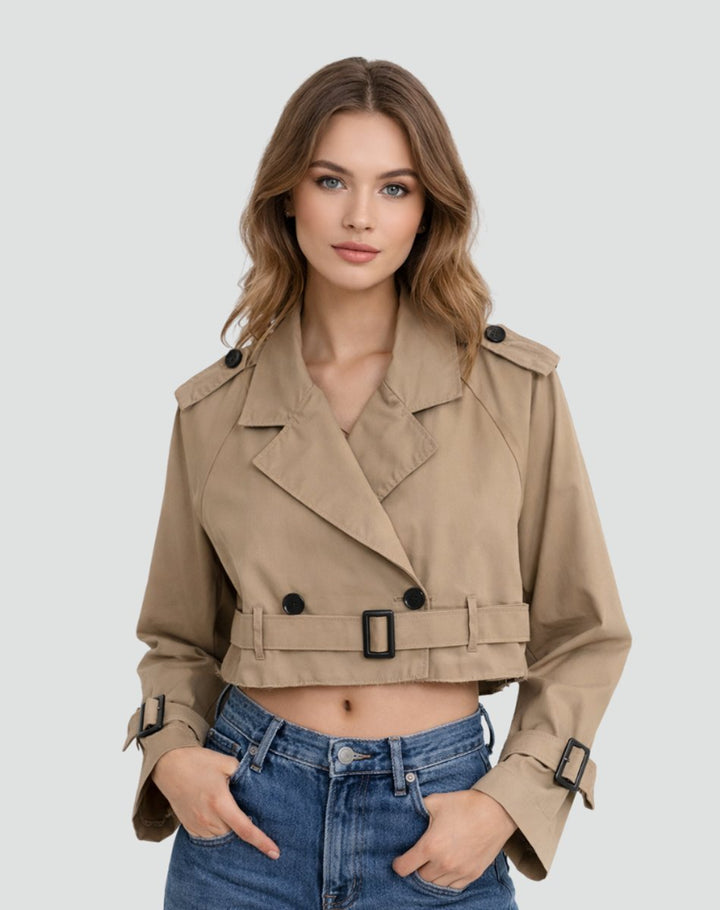 Cropped Trench Coat in camel, on model