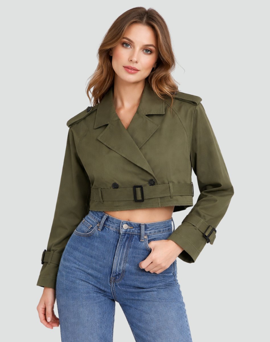 Cropped Trench Coat in khaki green, on model, view 2