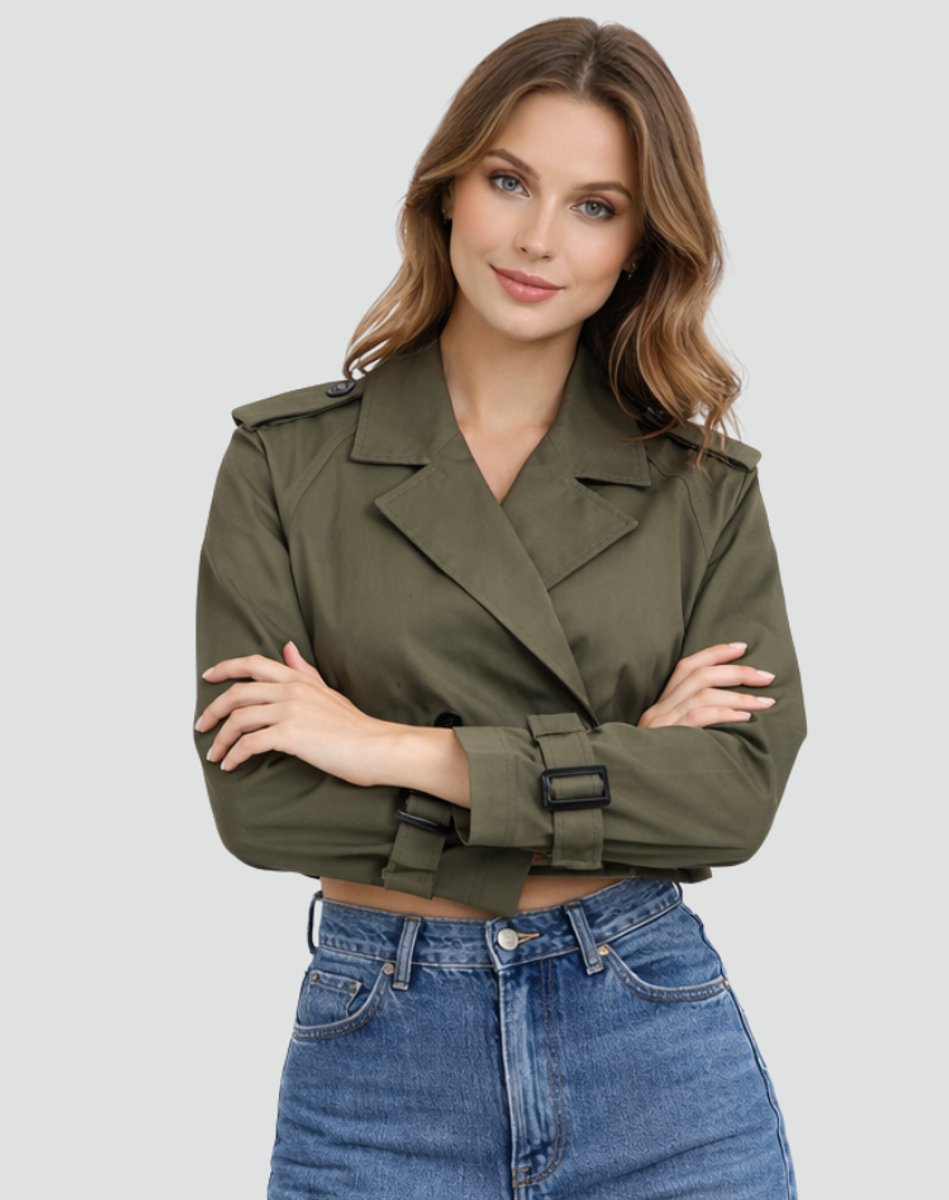 Cropped Trench Coat in khaki green, on model