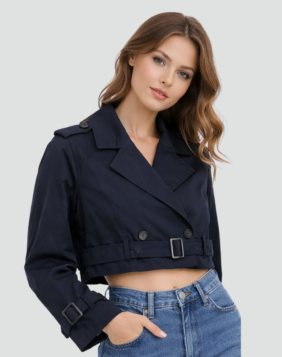 Cropped Trench Coat in navy, on model, view 2