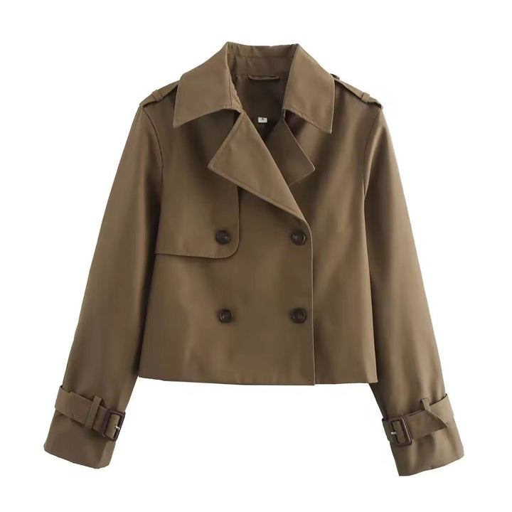 Women's cropped trench coat in olive brown, double breasted with cuff straps