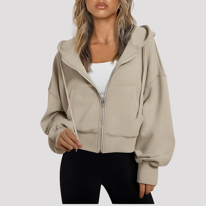 Beige cropped zip up hoodie with drawstring hood, front view