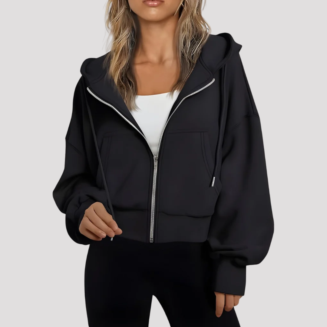 Black cropped zip up hoodie with drawstring hood, front view