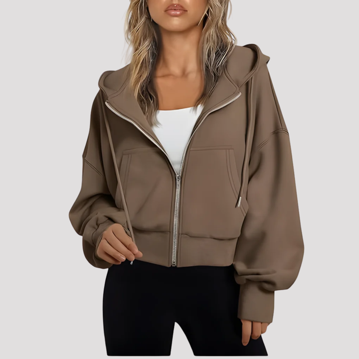 Brown cropped zip up hoodie with drawstring hood, front view