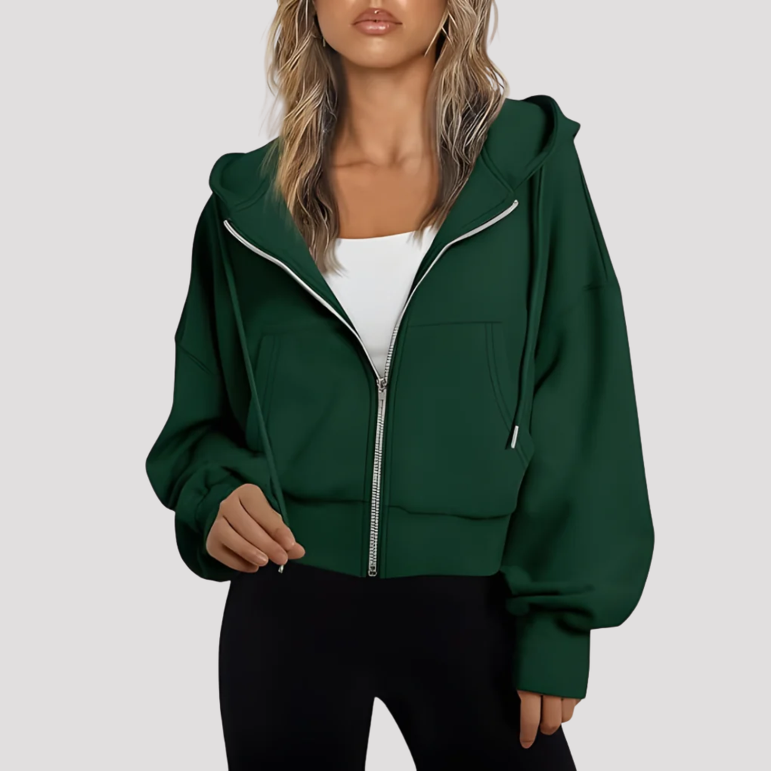 Dark Green cropped zip up hoodie with drawstring hood, front view