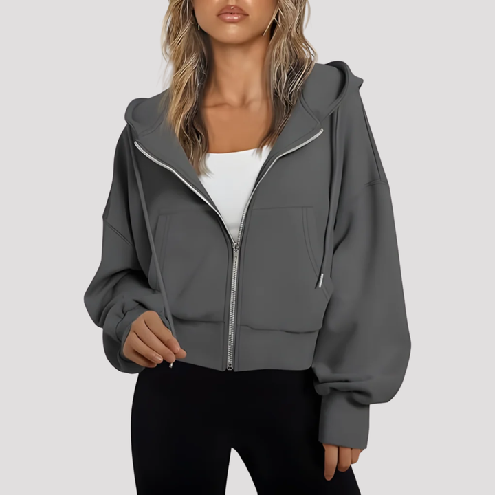 Dark Grey cropped zip up hoodie with drawstring hood, front view