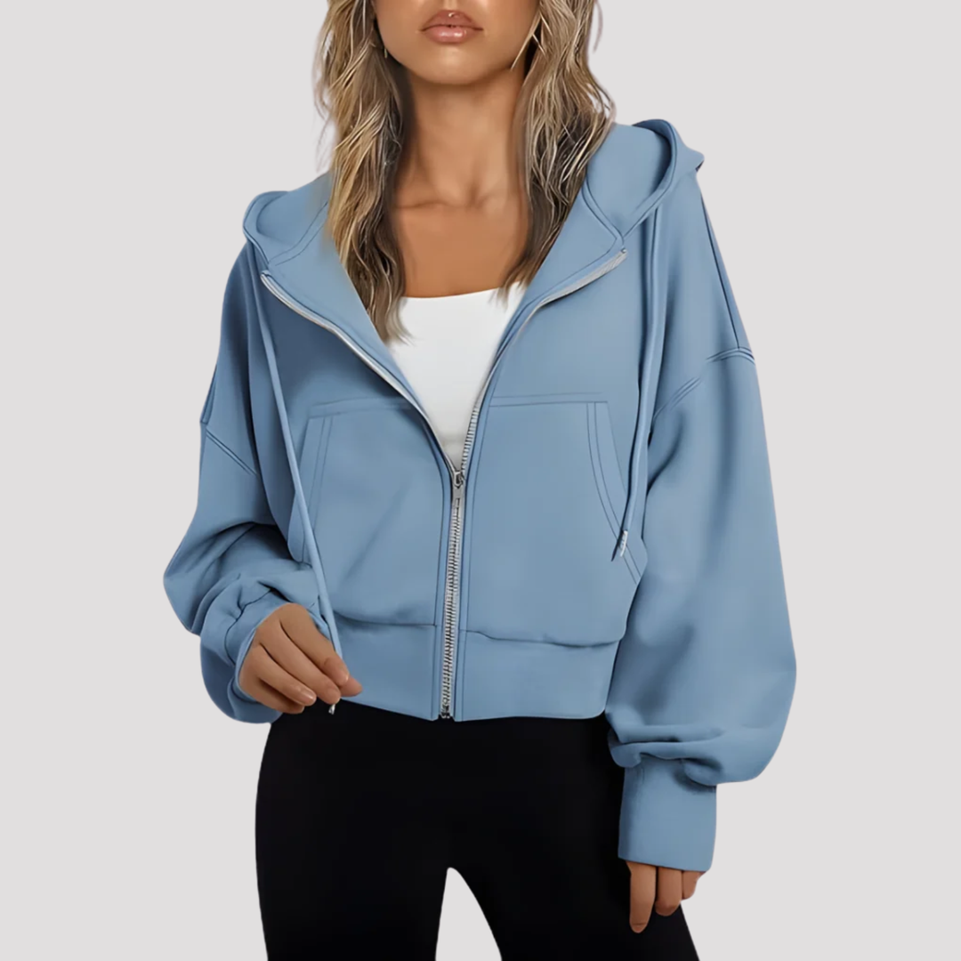 Dusty Blue cropped zip up hoodie with drawstring hood, front view