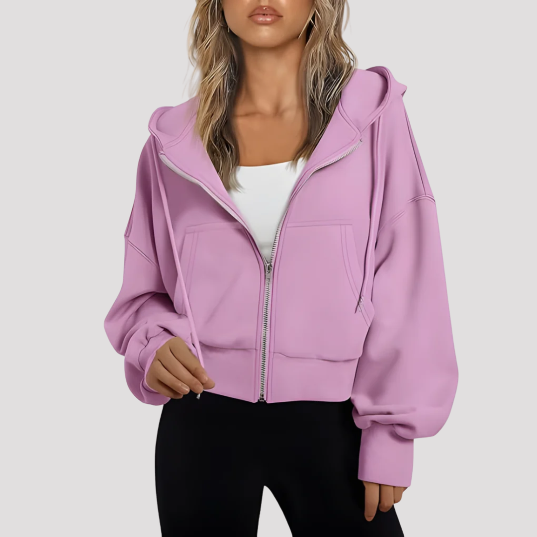 Lilac Pink cropped zip up hoodie with drawstring hood, front view